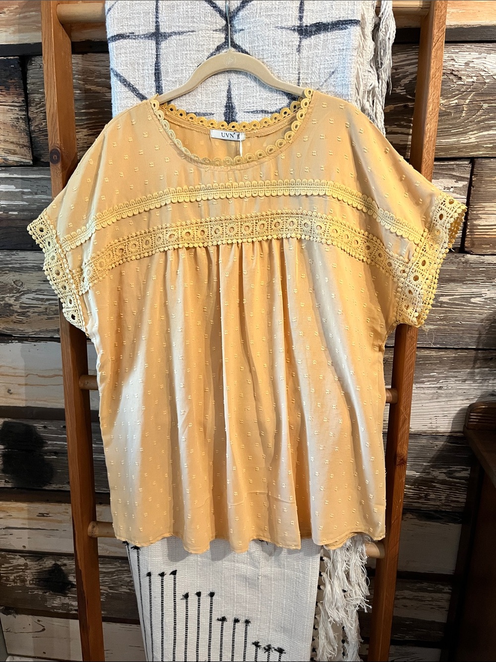 UVN Women's Yellow Lace-Trim Peasant Top